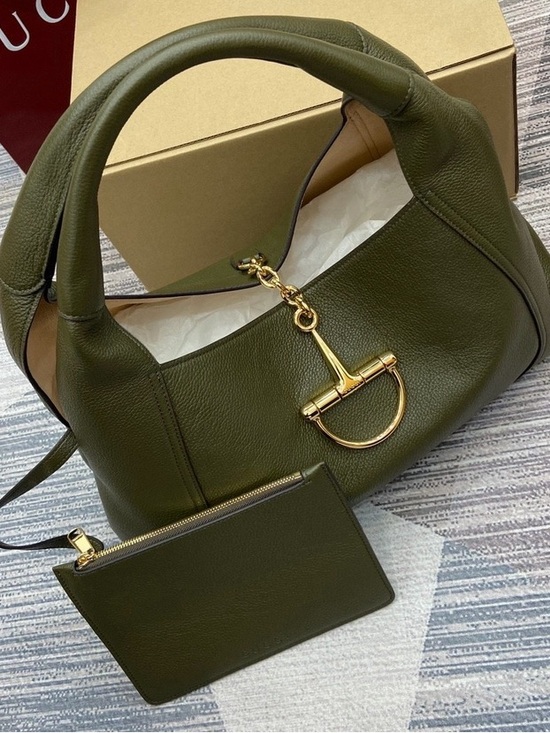 Handbags - Olive Green Leather Shoulder Bag with Gold Hardware